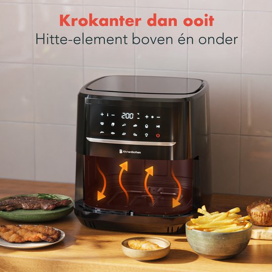Airfryer XXL - KitchenBrothers - Friteuse - 7.5L - 1800W - Double chauffage - 50ºC à 200ºC - 10 programmes de cuisson - Noir