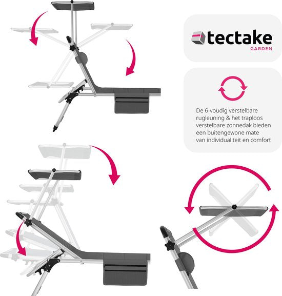 tectake® - chaise longue rembourrée, pliable - gris - 220 x 60,5 x 34 cm, avec poche latérale