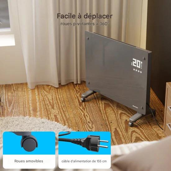 Auronic Radiateur électrique - Radiateur à convection avec thermostat et télécommande - Radiateur à panneau en verre - 1 500 W - Gris