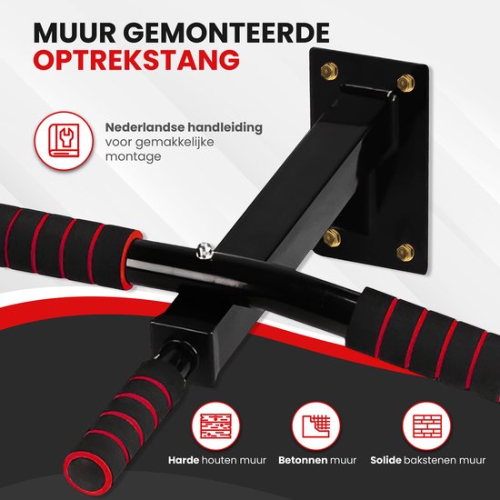 TTD® Premium Pull Up Bar - Pull Up Station - Wall Mount Pull Up Bar - Dip Station - Dip Bars - Home Sports - Home Fitness - Premium materials - Extra sturdy mounting parts - Home workout - Black/Red