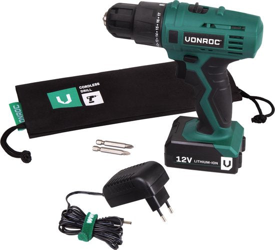 VONROC Perceuse sans fil - 12V Li-Ion - Incluant 1x batterie, chargeur rapide, embouts de vissage et sac de rangement