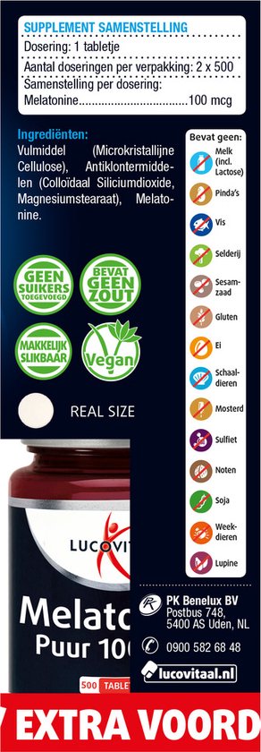 Lucovitaal Mélatonine pure 100 mcg Complément alimentaire - 2 x 500 comprimés