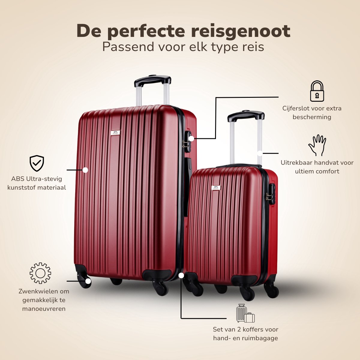 Ensemble de valises Slazenger 2 pièces - Trolley cabine et valise de soute - S + M/L - Coque rigide en ABS - Roulettes à 360° - Serrure à combinaison - Rouge