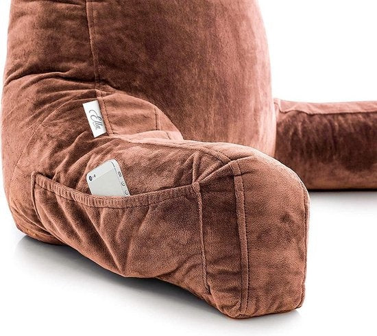 Ella® Coussin de lecture avec rouleau pour la nuque - Coussin de relaxation - Coussin de siège - Soutien du bas du dos - Coussin de lecture paresseux - Brun velouté