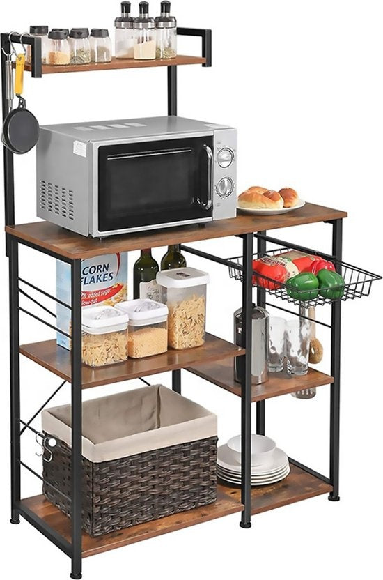 Goliving Armoire de cuisine - Etagère de cuisine verticale - Armoire à micro-ondes - Organisateur - Métal - Bois - 90 x 40 x 132 cm - Marron