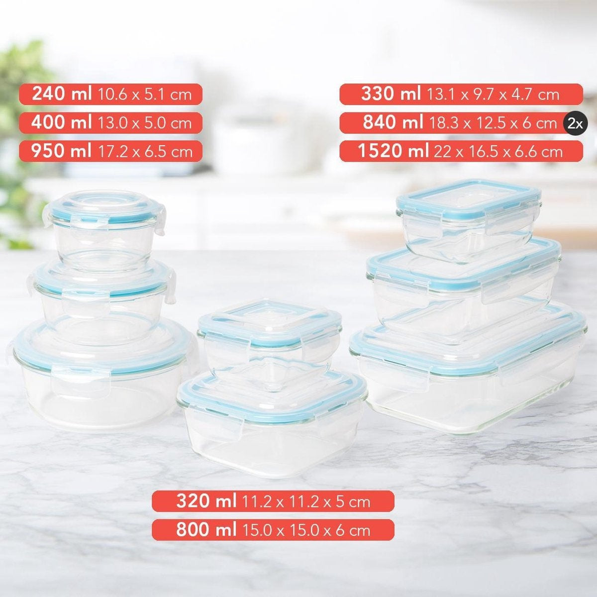 KitchenBrothers Meal Prep Trays - Ensemble de plateaux fraîcheur - hermétique - sans BPA - en verre - 9 pièces