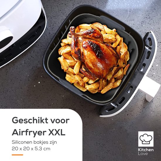 KitchenLove Plateaux pour friteuse en silicone XXL - 2 pièces - Carré - Alternative au papier sulfurisé - Accessoires - Sans BPA - 20CM
