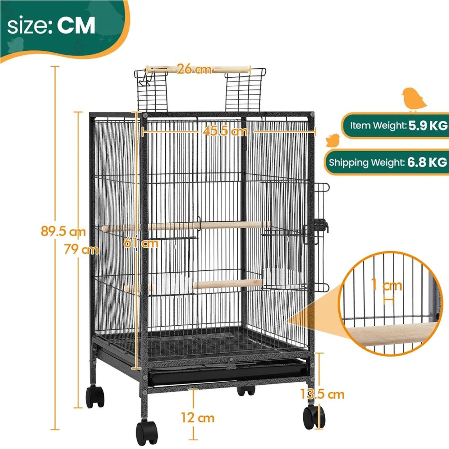 Yaheetech Cage à oiseaux avec toit ouvert - 45,5 x 45,5 x 79 cm - avec roues amovibles et tiroir inférieur extractible et revêtement en poudre martelée - pour perruches et canaris - métal noir et bois