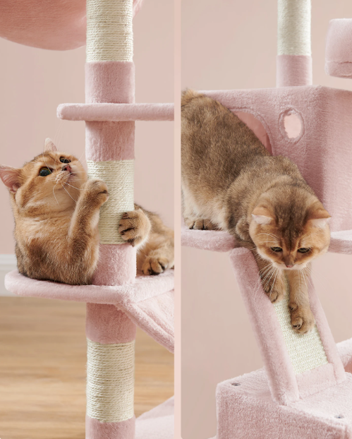 Joyfurnos L Arbre à chat 168 cm - Rose pastel - À plusieurs niveaux avec 13 poteaux à griffer et un hamac