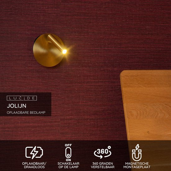 Lucide JOLIJN - Lampe de chevet / applique murale rechargeable - Batterie rechargeable / piles - Ø 10,2 cm - LED - 1x2 W 3000 K - Magnétique - Or mat / Laiton