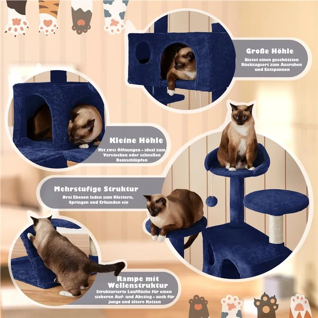 Arbre à chat Yaheetech 49 x 49 x 139 cm - Bleu marine - Arbre à chat avec 3 plateformes et 2 niches