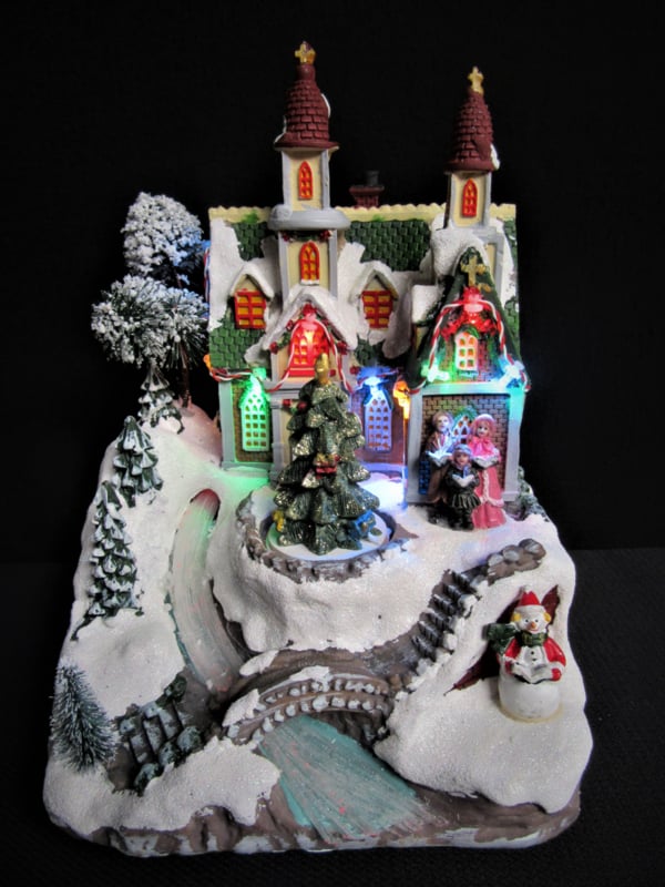 Scène de Noël église avec rivière en fibre optique - multicolore - 19 x 18 x 25 cm - lumières led, musique & mouvement