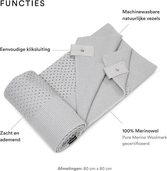 Couverture JetKids by Stokke en laine mérinos, gris galet - S'adapte au couvercle du BedBox pour garder votre enfant au chaud pendant le voyage - Lavable en machine