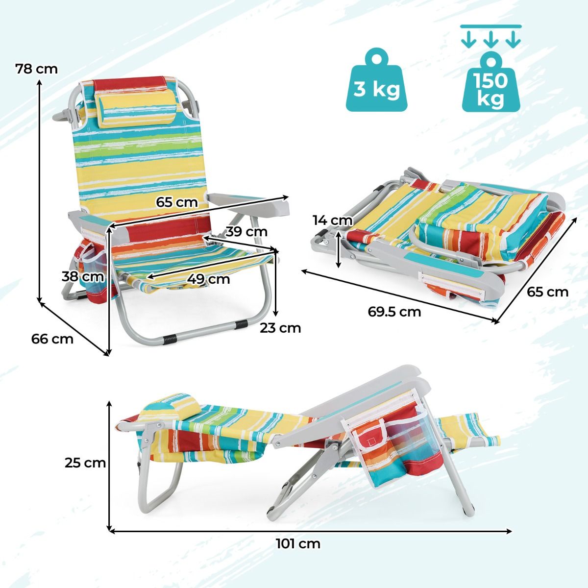 Chaise de plage Coast à dossier réglable - Pliable, avec porte-gobelet et poches de rangement - multicolore