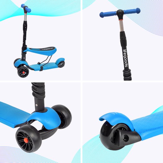 Scooter pour enfants LifeGoods MultiRider - Étape 3-8 ans - Siège réglable - Roues lumineuses - Garçons/Filles - Bleu