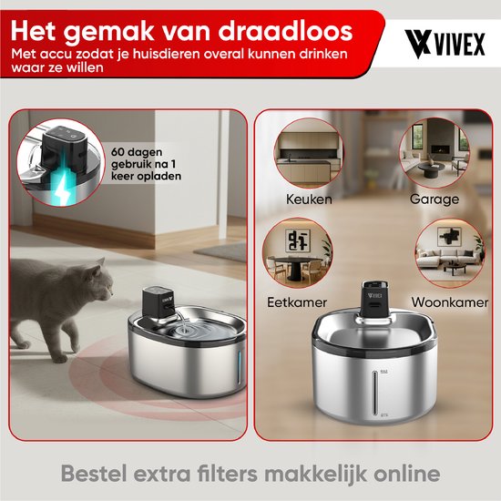 Vivex® Wireless Drinking Fountain - Acier inoxydable - 4,5 litres - Fontaine à eau pour chats et chiens - Avec capteur et batterie - 12 filtres et outil de nettoyage inclus - Silencieux - Filtres supplémentaires