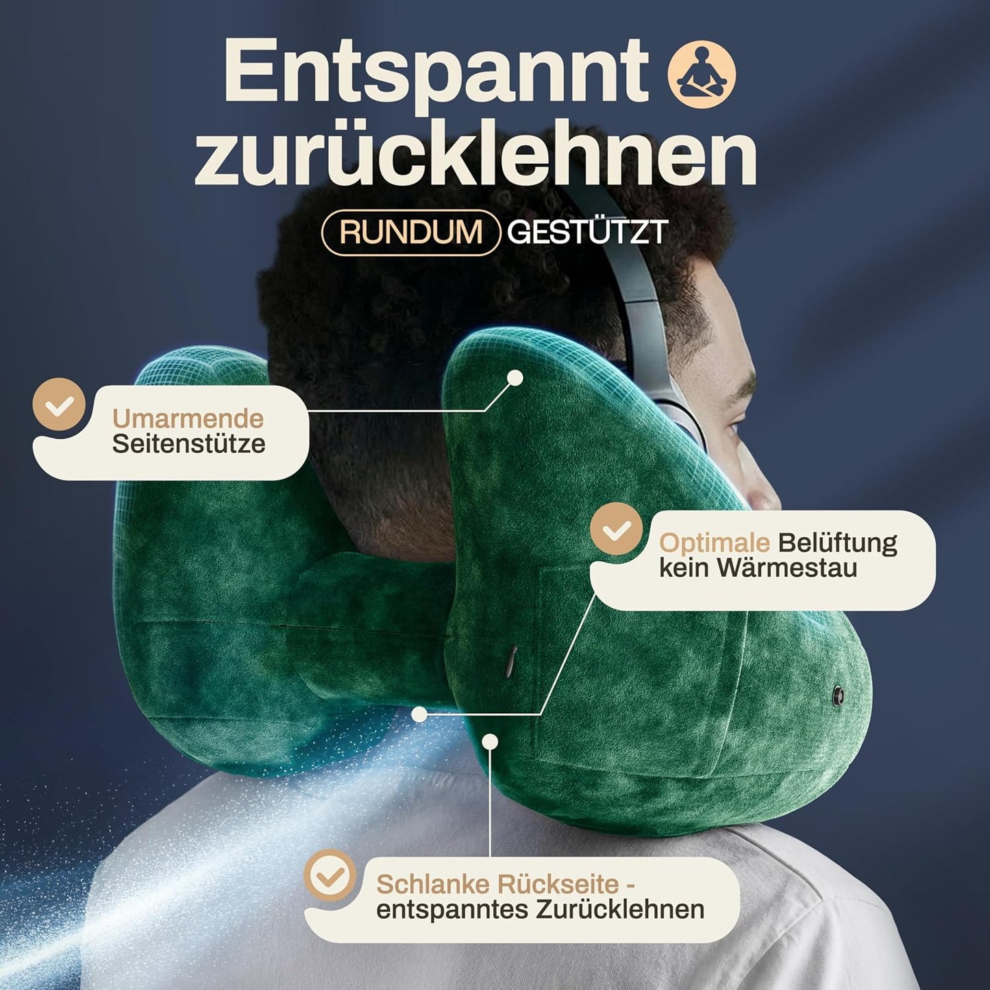 Oreiller cervical Heldenwerk® Premium Air – ErgoRing – Gonflable – Avec capuche et bouchons d'oreille