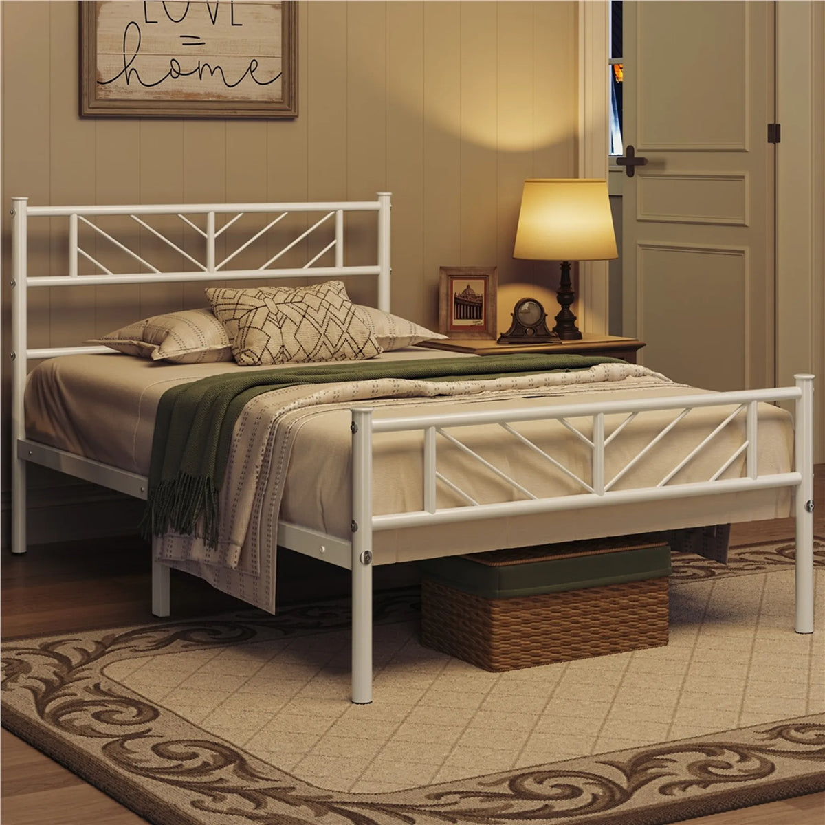 Cadre de lit en métal Yaheetech 90 x 190 cm - 196,5 x 96 x 88,5 cm - Blanc - Hauteur : 32 cm - Avec tête de lit