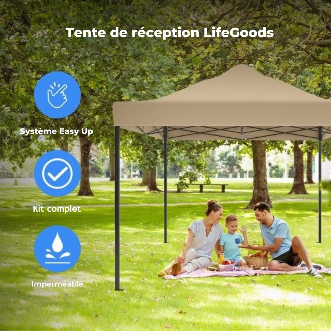 Tente de réception LifeGoods, Pavillon, 3,0 x 4,5 m, facile à monter, pliable, étanche, Sac de transport avec roulettes, Beige
