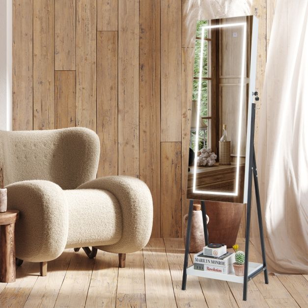 Armoire à bijoux avec miroir - Coast - LED - Blanc/Noir - 3 piles AA - 41x35x160 cm