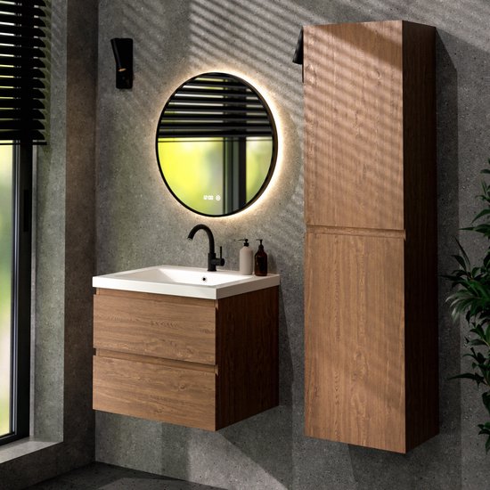 Mirlux Meuble de salle de bains Chêne chaud 60 cm - Lavabo Blanc - Ensemble de meubles de salle de bains - Meuble lavabo Chêne chaud