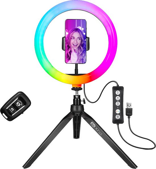 Studio ME Lampe annulaire multicolore avec trépied - 10 pouces/25 cm - Lampe RVB - Lampe annulaire avec trépied - Bluetooth - Support de téléphone - Télécommande - USB - Lampe TikTok - Lampe annulaire