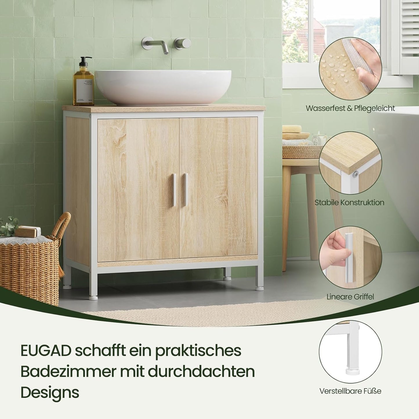 Meuble sous-lavabo EUGAD - 60 x 60 x 30 cm - blanc et chêne clair - avec cloison de séparation réglable