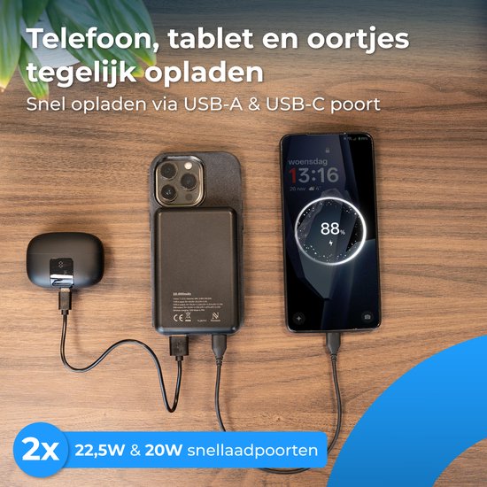 Nuvance Powerbank 10000 mAh - Adapté à MagSafe - Chargeur rapide 15W - Wireless Powerbank - Usb-A 22.5W & Usb-C 20W - Noir