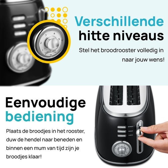 MOA Retro Toaster XL - 6 niveaux de chaleur - 4 sandwichs simultanés - 1500W - Fonction de réchauffage et de décongélation - Noir - T5B