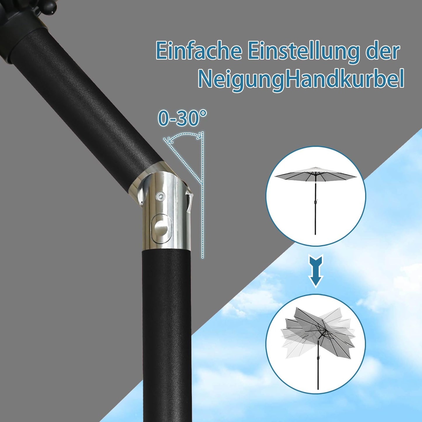 Parasol Angel Living 250 cm - parasol de jardin rond avec manivelle et fonction d'inclinaison - gris - polyester UV 50+