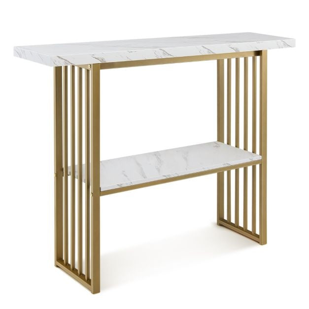 Coast - Table console / Table d'appoint - aspect marbre et design moderne - L 120 x l 29,5 x H 92,5 cm - Métal/MDF - Or/Blanc