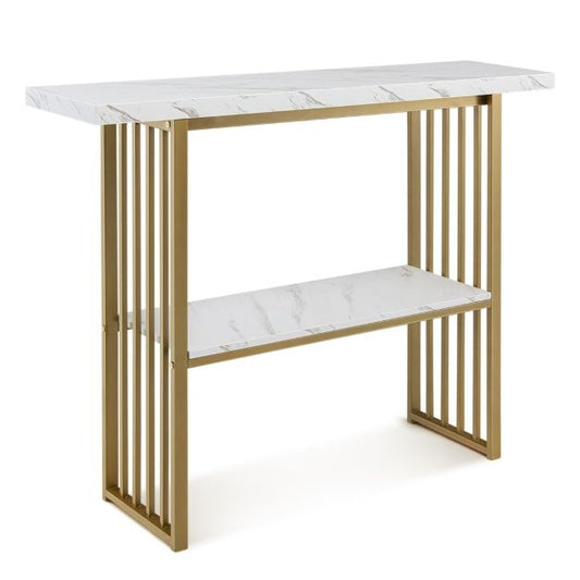 Coast - Table console / Table d'appoint - aspect marbre et design moderne - L 120 x l 29,5 x H 92,5 cm - Métal/MDF - Or/Blanc