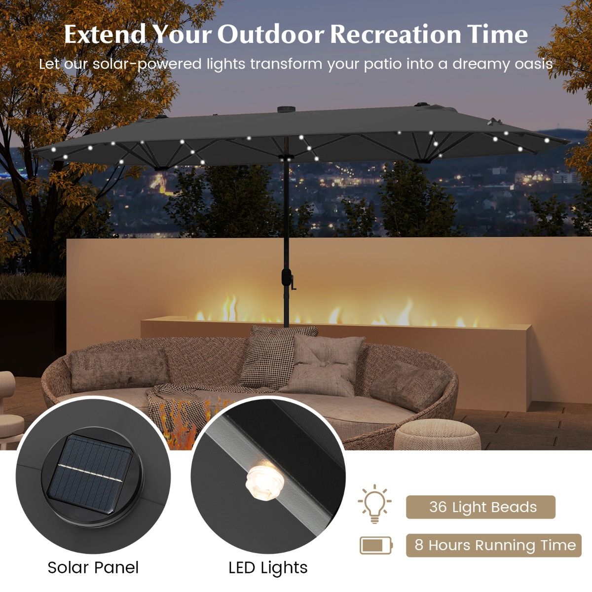 Parasol de jardin double Coast avec éclairage LED à énergie solaire - 400 x 200 cm - Gris