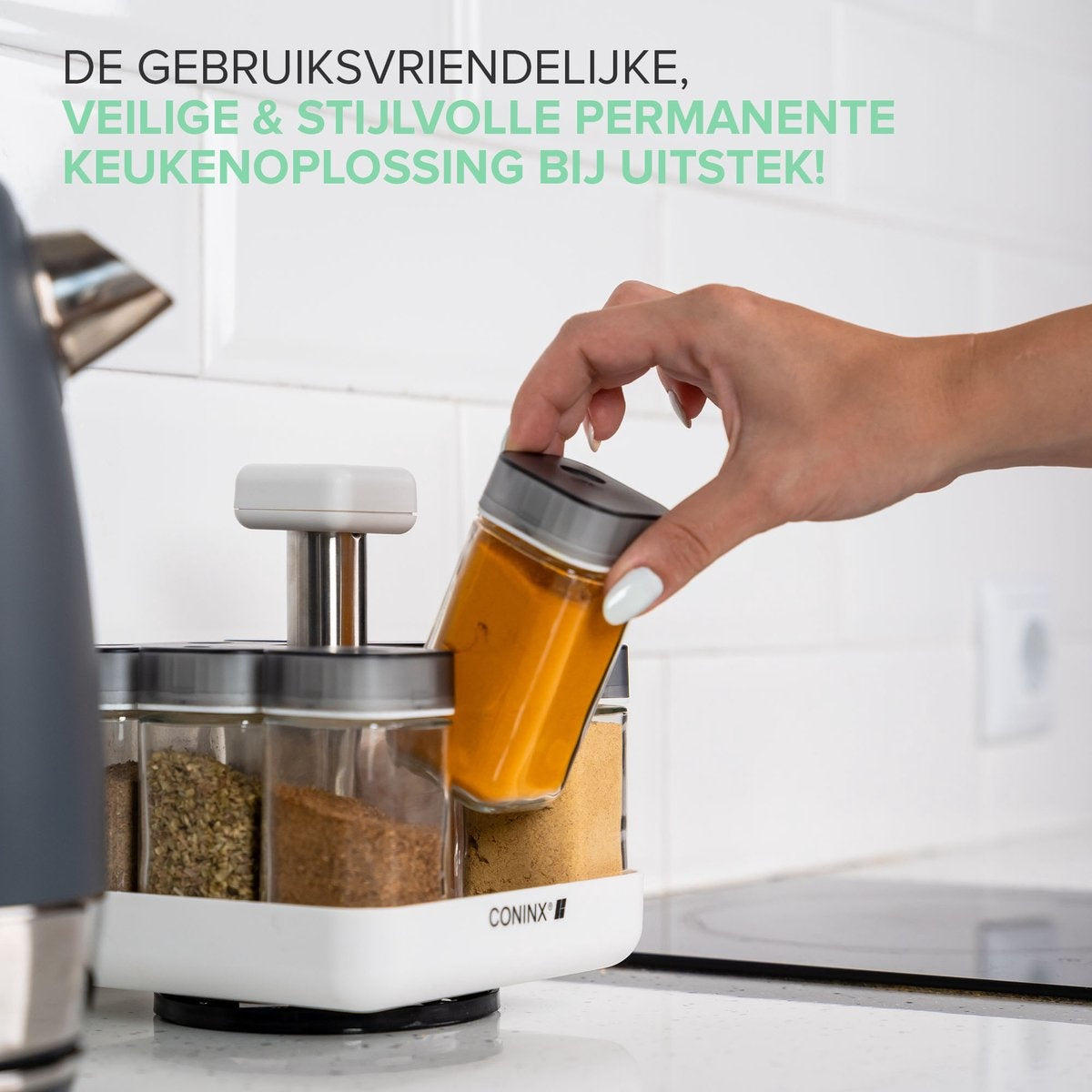 Coninx Kruidenrek Staand met 8 Kruidenpotjes met strooideksel - Draaiend Kruidenrek met Glazen Potjes - Kruidencarrousel Draaibaar - Wit / RVS