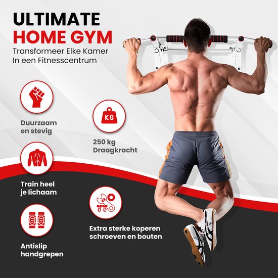 TTD® Premium Pull Up Bar - Pull Up Station - Wall Mount Pull Up Bar - Dip Station - Dip Bars - Home Sports - Home Fitness - Premium materials - Extra sturdy mounting parts - Home workout - White/Red