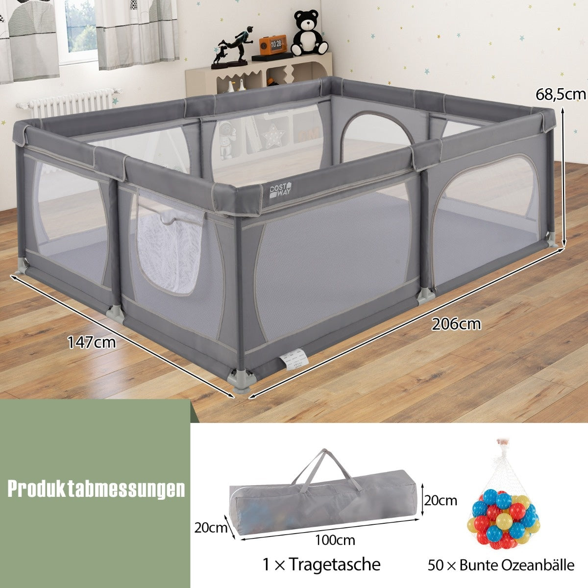 Coast Parc pour bébé avec 50 balles, 2 portes et filet respirant Gris foncé