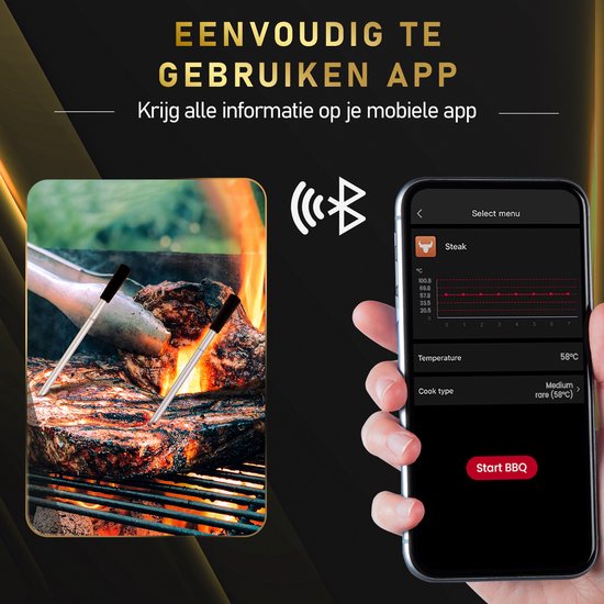 MostEssential Thermomètre à viande intelligent - sans fil - portée de 80 m - autonomie de 36 heures - Bluetooth 5.2 - batterie 2000mAh - édition double sonde
