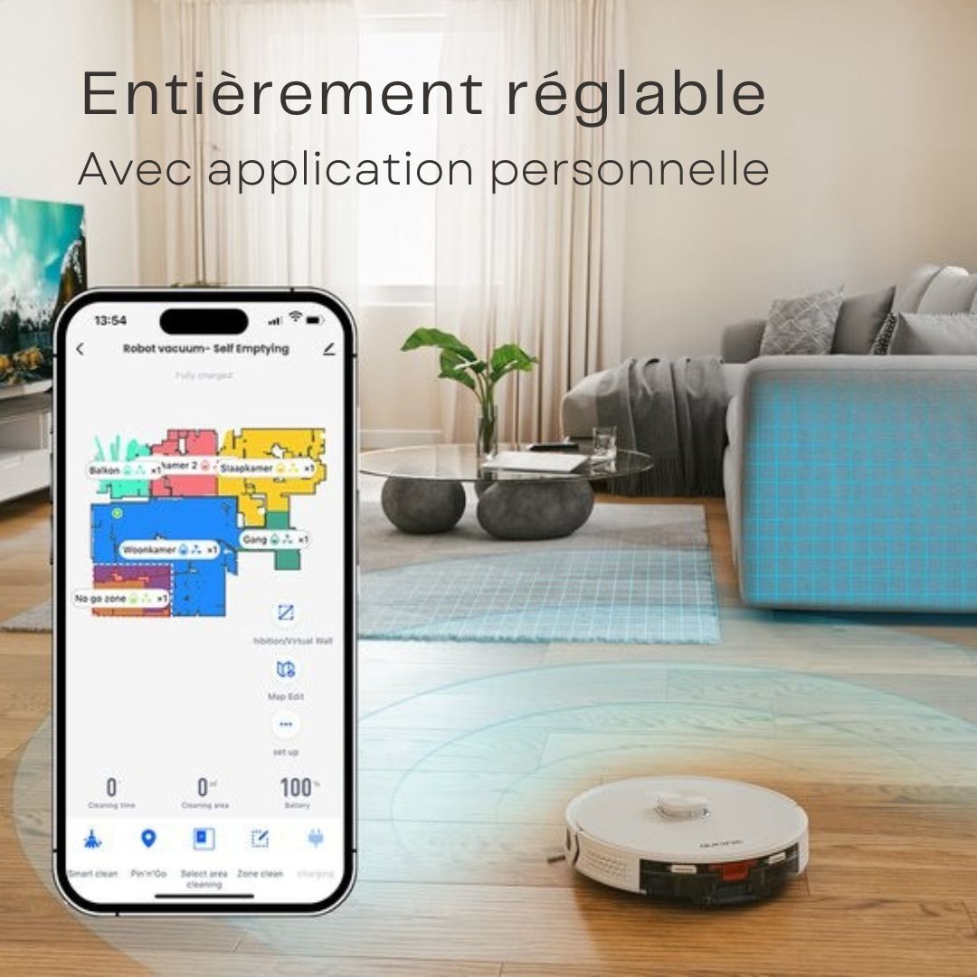 Robot Aspirateur Auronic - Avec fonction balayage - WiFi et App - Station de charge - Animaux domestiques - Navigation laser - Blanc
