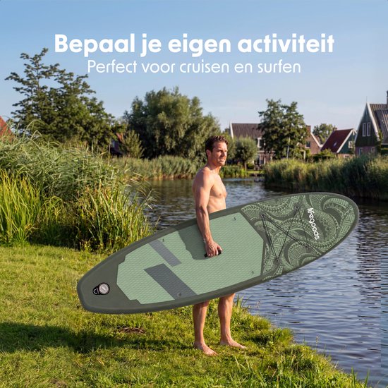 LifeGoods SUP Board All-round Compact - 100 KG Load Capacity - 300 x 76 cm - Inflatable - Complete SUP Package - Green/Leger Green