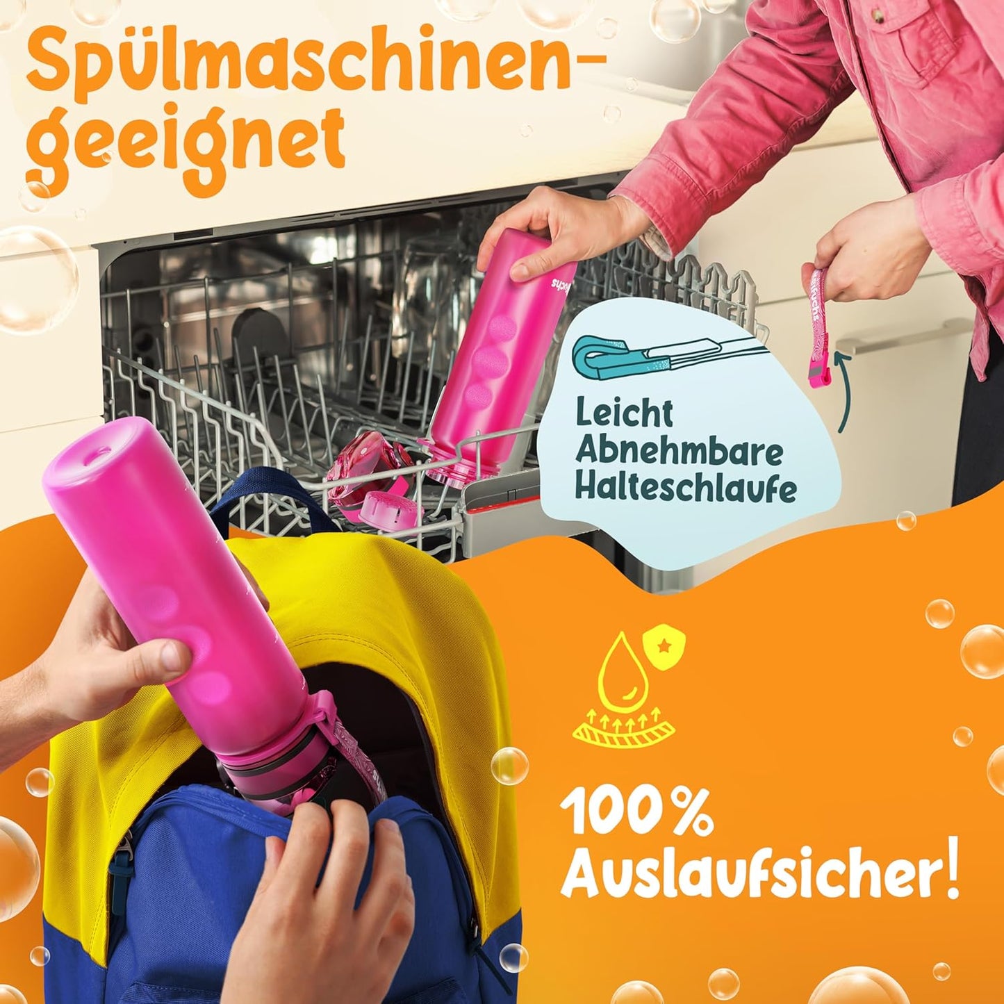 Funkelfuchs® gourde pour enfants - 500ml, rose - gazeuse - 100% étanche - bouteille d'eau lavable au lave-vaisselle - pour la maternelle, l'inscription à l'école, l'école, le sport