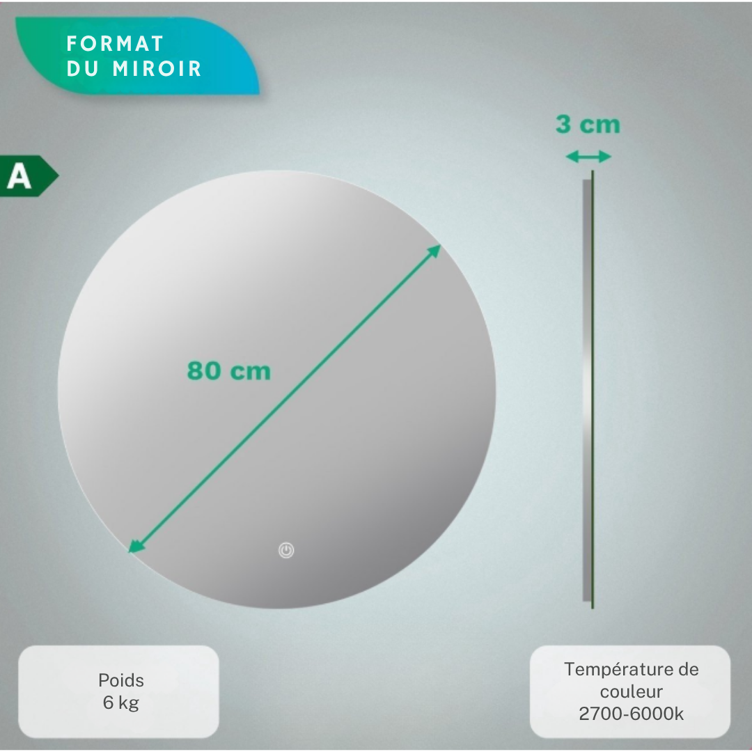 Miroir de salle de bain Mirlux - Eclairage LED - 3 couleurs - Anti-condensation - 80CM