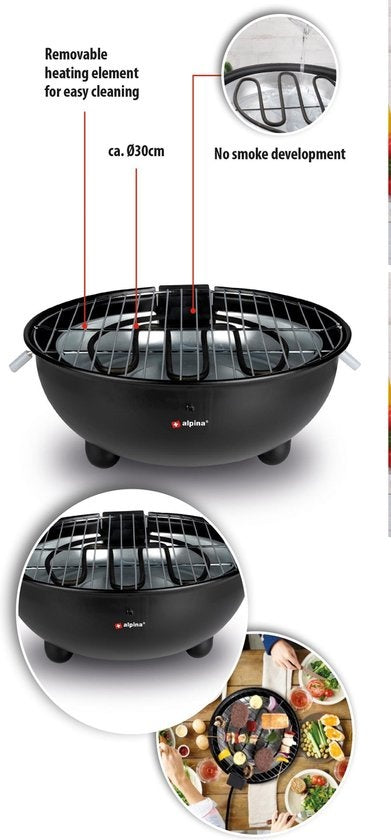 Barbecue Électrique - Alpina - Barbecue de Table - Sans Fumée - Barbecue Intérieur - 1250W - Ø 30 cm - Noir