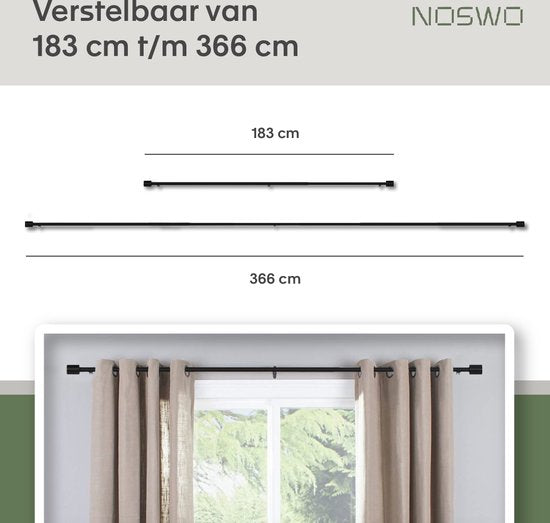 Noswo Tringle à rideaux - Extensible - 183 à 366 cm - Tringle à rideaux - Tringle à rideaux complète - Métal - 300cm - Noir