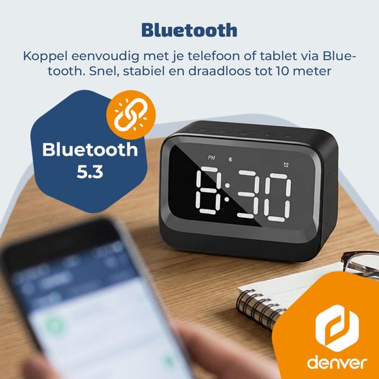 Réveil numérique Denver - Haut-parleur Bluetooth - Double alarme - Ecran LCD - EC54B - Noir