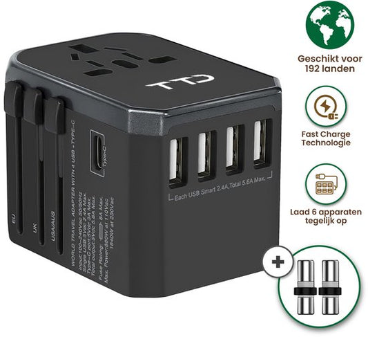 TTD® World Universal Plug - Prise de voyage de type A B C E F G I avec USB-C et charge rapide 4x USB-A - Convient pour l'Amérique, l'Australie, l'Angleterre et le Japon, entre autres - Adaptateur de voyage - Travel Adapter