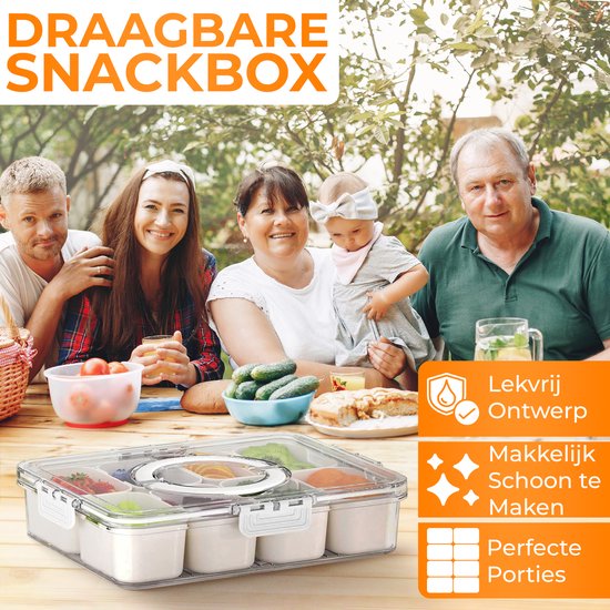 Posity Snack Box - Boîte à snacks avec compartiments - Avec couvercle et poignée - 8 compartiments - Sur le pouce - Boîte de rangement - Plastique - Blanc