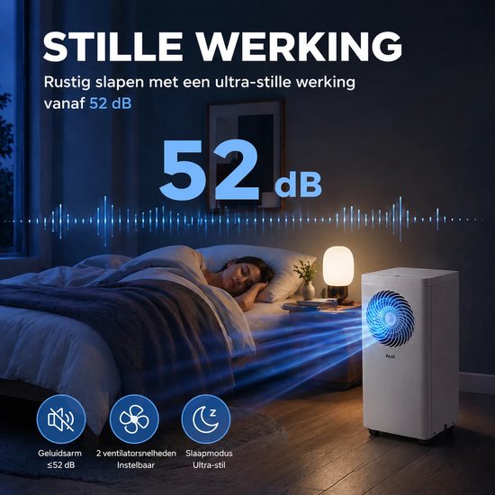 Climatiseur mobile AUX 3-en-1 7 000 BTU (jusqu'à 30 m²), classe énergétique A, Wi-Fi et télécommande, 4 modes, auto-amortissement, R290, support de fenêtre inclus