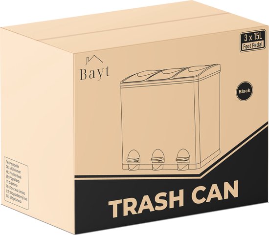 Bayt Poubelle - Poubelle à pédale 45 litres - Poubelle 45 litres - Poubelle 45 litres - Séparation des déchets - Poubelle 3 compartiments - 3x15 litres - Poubelle - inox - Noir