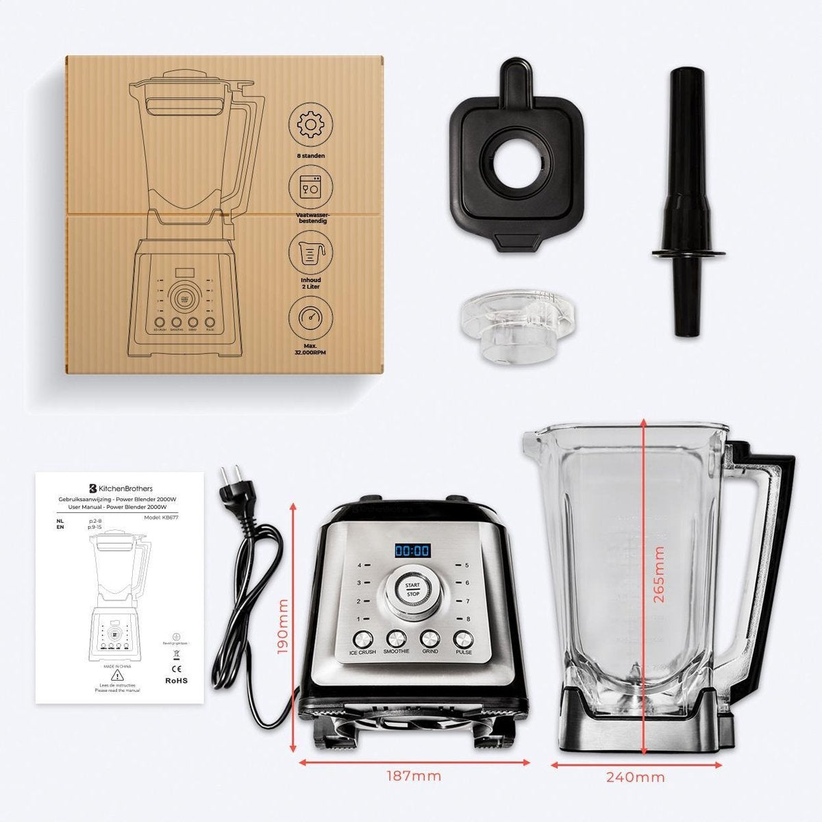 Blender - KitchenBrothers - Mixeur - 2000W - 2L - Machine à smoothie- 8 niveaux/4 vitesses - Acier inoxydable