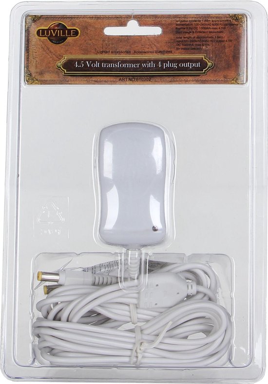 Adaptateur Luville « Village de Noël » 4,5 volts avec 4 fiches - Décorations de Noël d'intérieur - Décorations de Noël « Monde miniature » - Remplace le boîtier à piles - 7 x 4 x 5 cm - Blanc